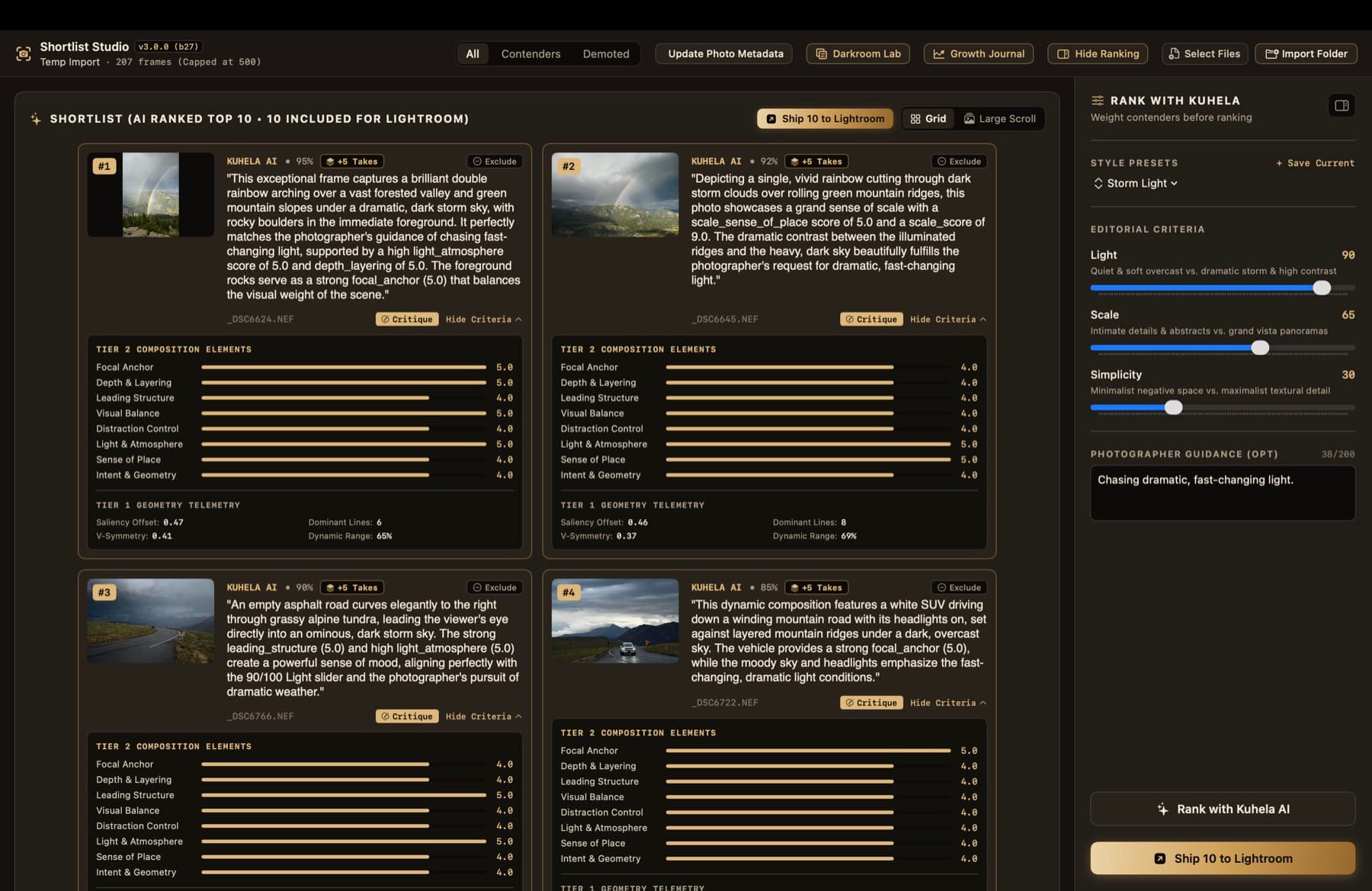 Shortlist Studio's main grid workspace, showing an AI-ranked shortlist of landscape photographs with per-frame rationale and editorial criteria sliders